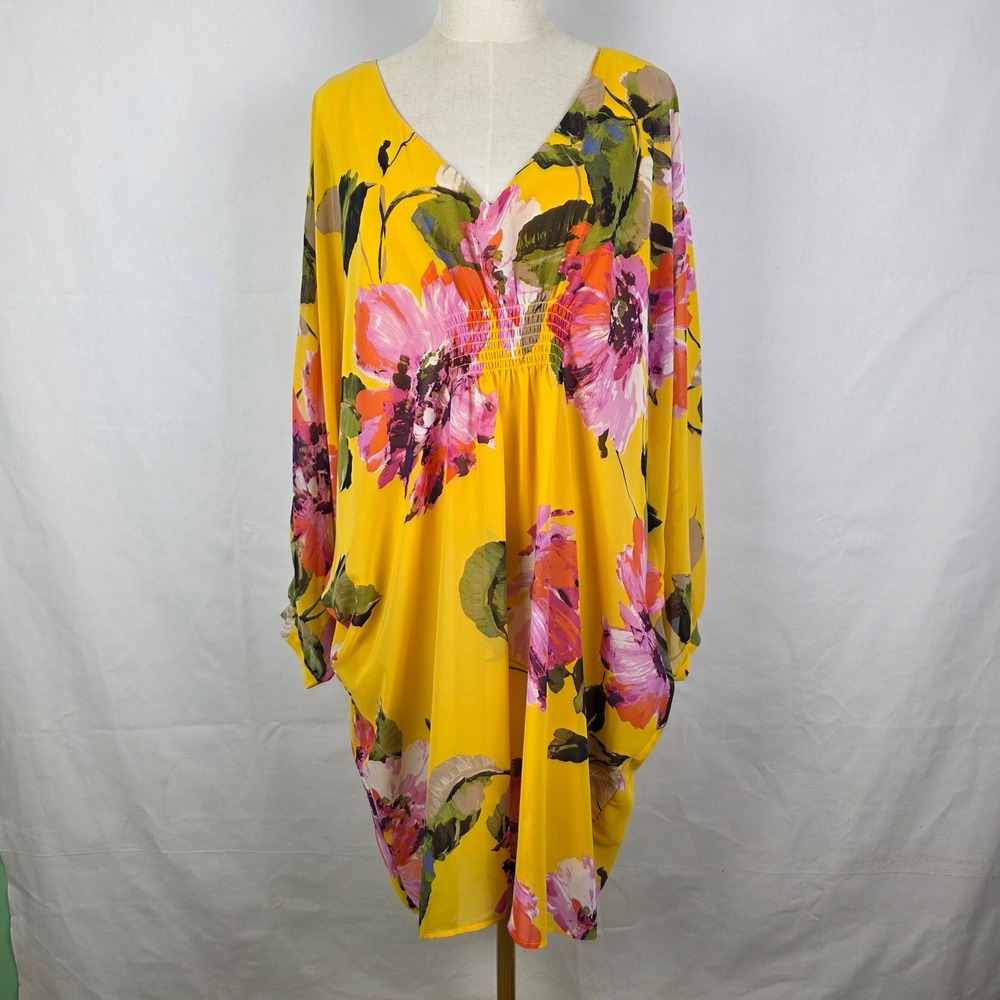 Trina Turk Yellow Floral‎ Dolman Sleeve Smocked Mini Dress Womens Large Resort